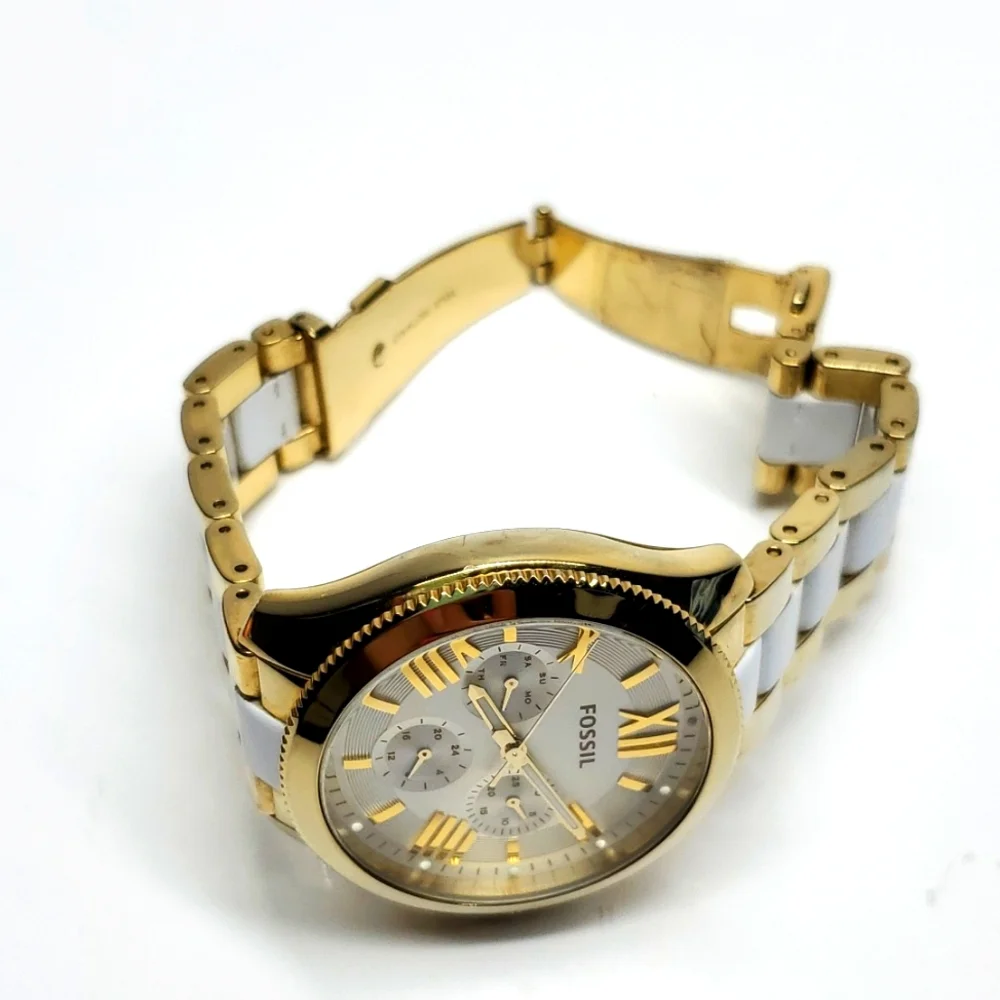 Fossil Watch AM4645 Gold White Two Tone Wristband White Face Chronograph